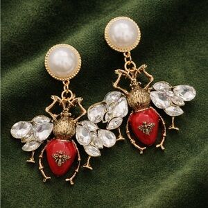 Luxury Red Bee Gold Crystal Drop Earrings
